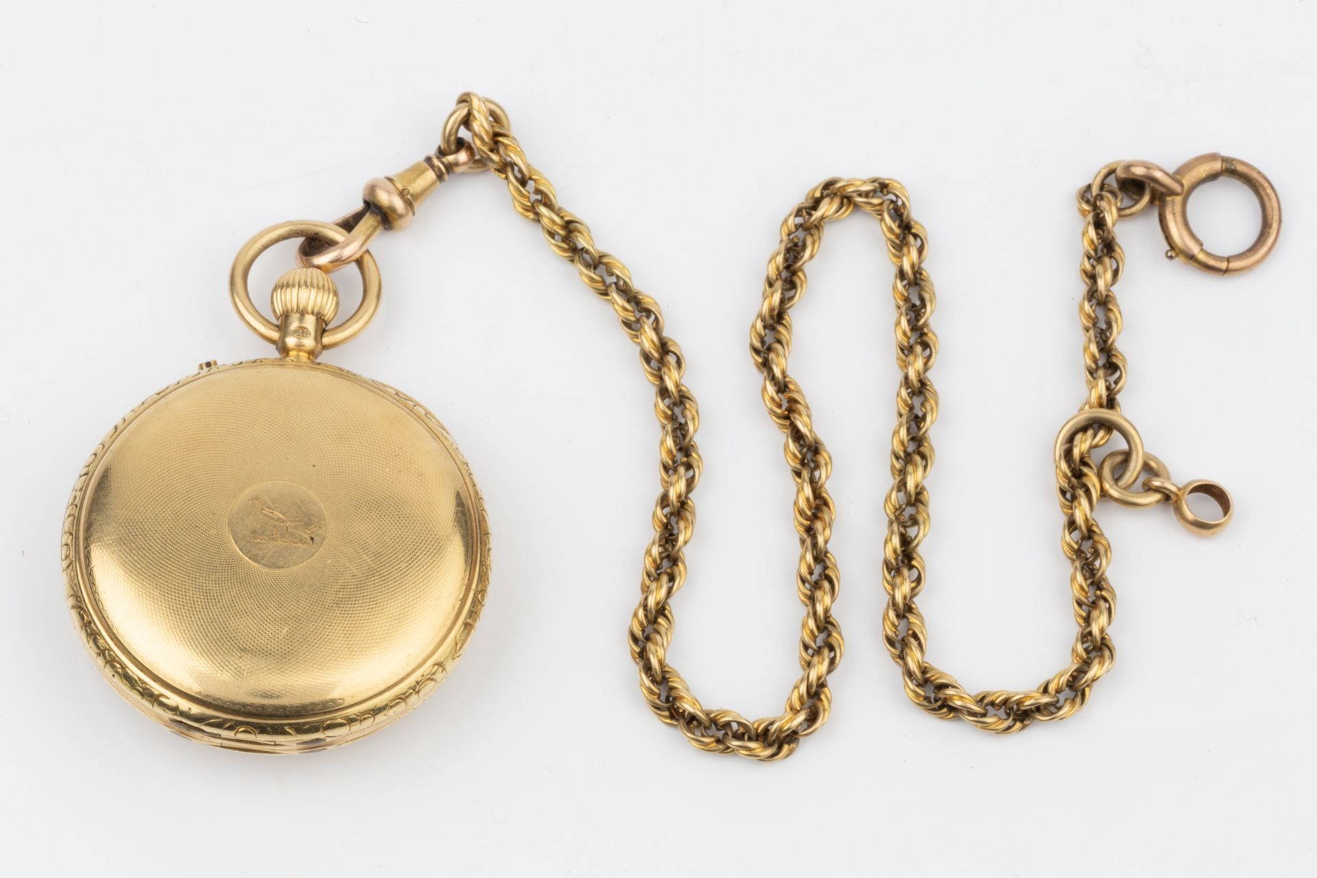 A George V 18ct gold half hunter pocket watch, the engine turned case with blue enamel roman - Bild 3 aus 6