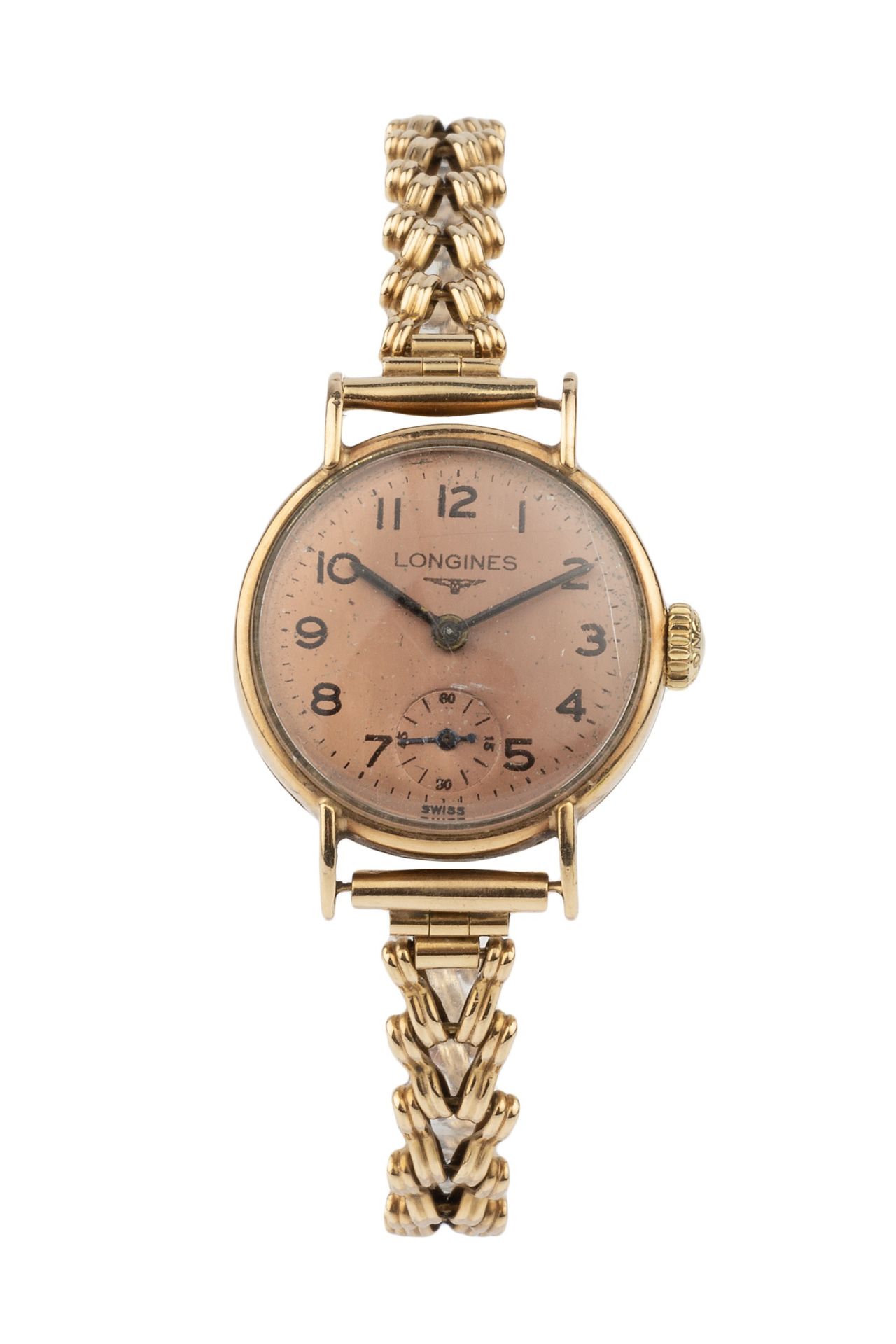 A lady's 9ct gold wristwatch by Longines, the circular dial with seconds subsidiary dial, the