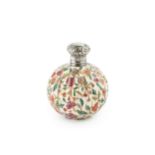 A late Victorian silver topped porcelain scent bottle, of globular lobed form, printed with