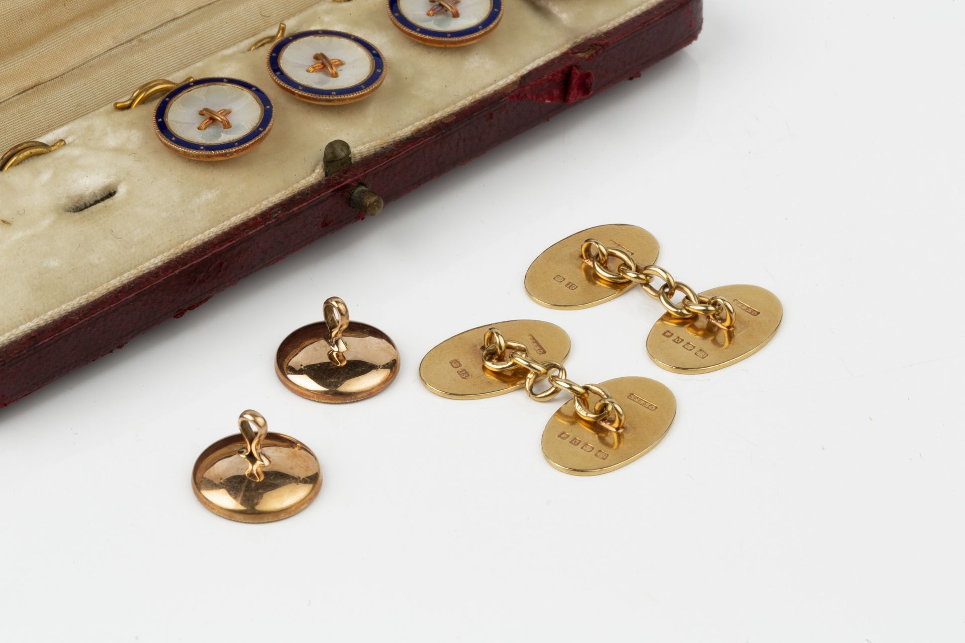 A pair of 18ct gold oval cufflinks, engraved with monograms, London 1929, and a set of six mother - Image 2 of 2