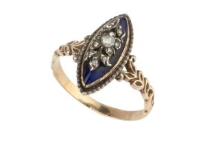 A Georgian diamond and enamel memorial ring, the navette shaped blue enamel panel set with a rose-