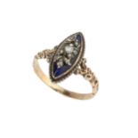 A Georgian diamond and enamel memorial ring, the navette shaped blue enamel panel set with a rose-