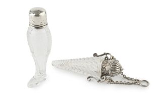 A late 19th century cut glass novelty scent bottle, in the form of a leg, with unmarked silver screw