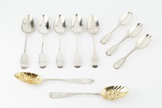 Five 19th century silver fiddle pattern tablespoons, including three by John & Henry Lias, London