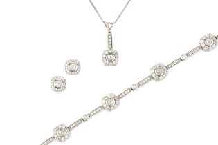 A suite of diamond set 14k white gold jewellery, comprising a bracelet, composed of six cushion