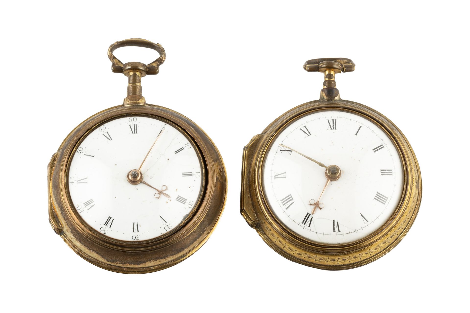 A pair cased gilt metal pocket watch, with white enamel Roman dial, Arabic five minutes, beetle