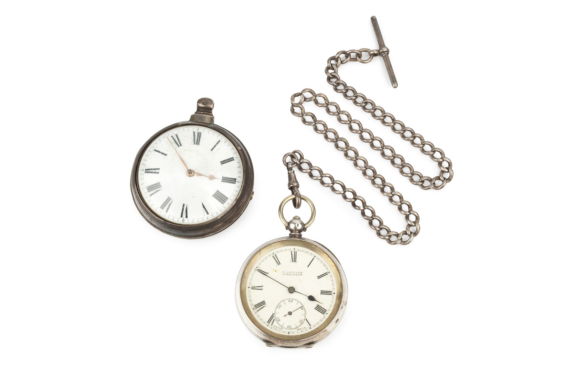 A George III silver pair cased pocket watch, having white enamel dial with roman numerals, the