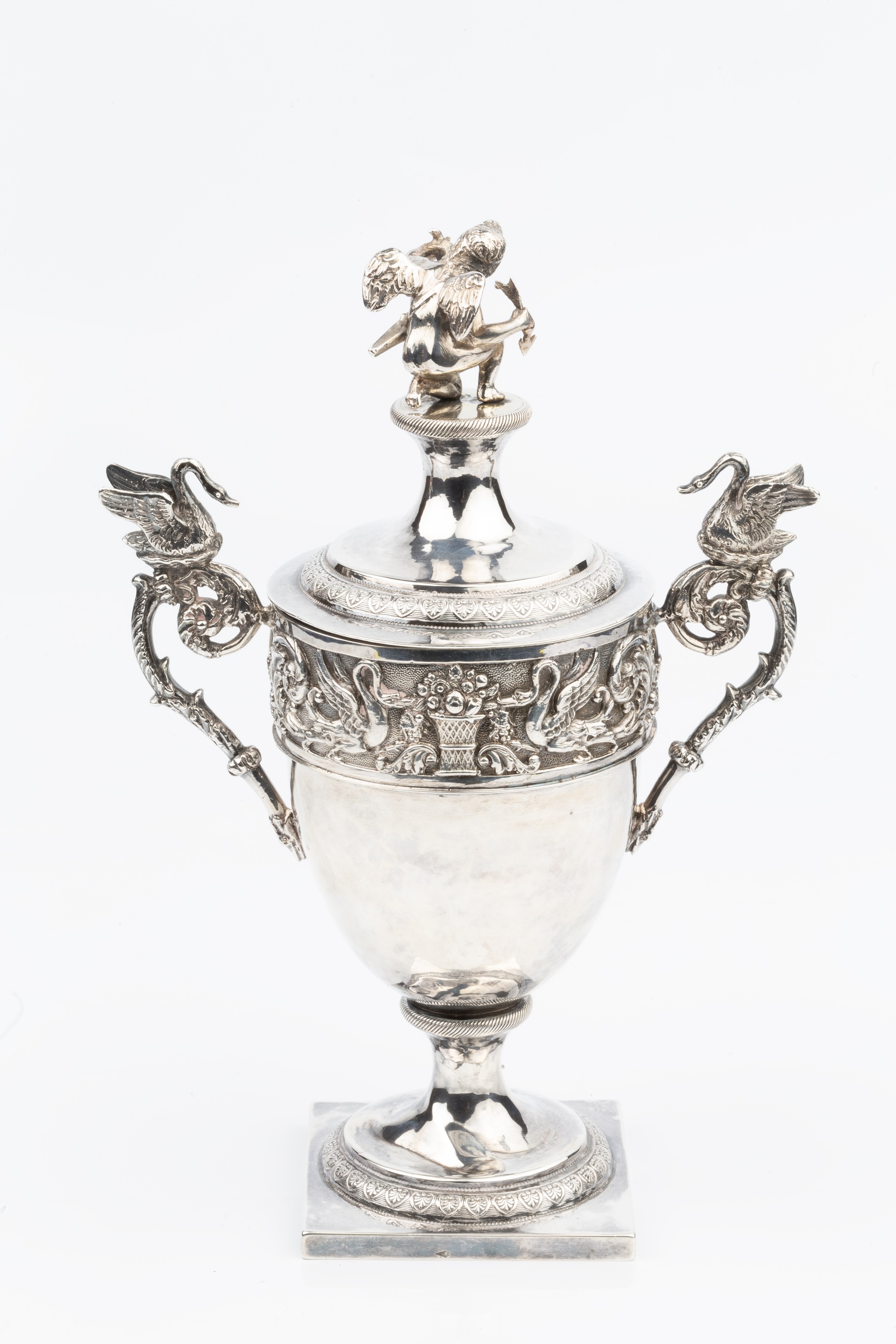 A 19th century Italian (Papal States) silver urn and cover, with kneeling cherub and serpent finial, - Image 2 of 8