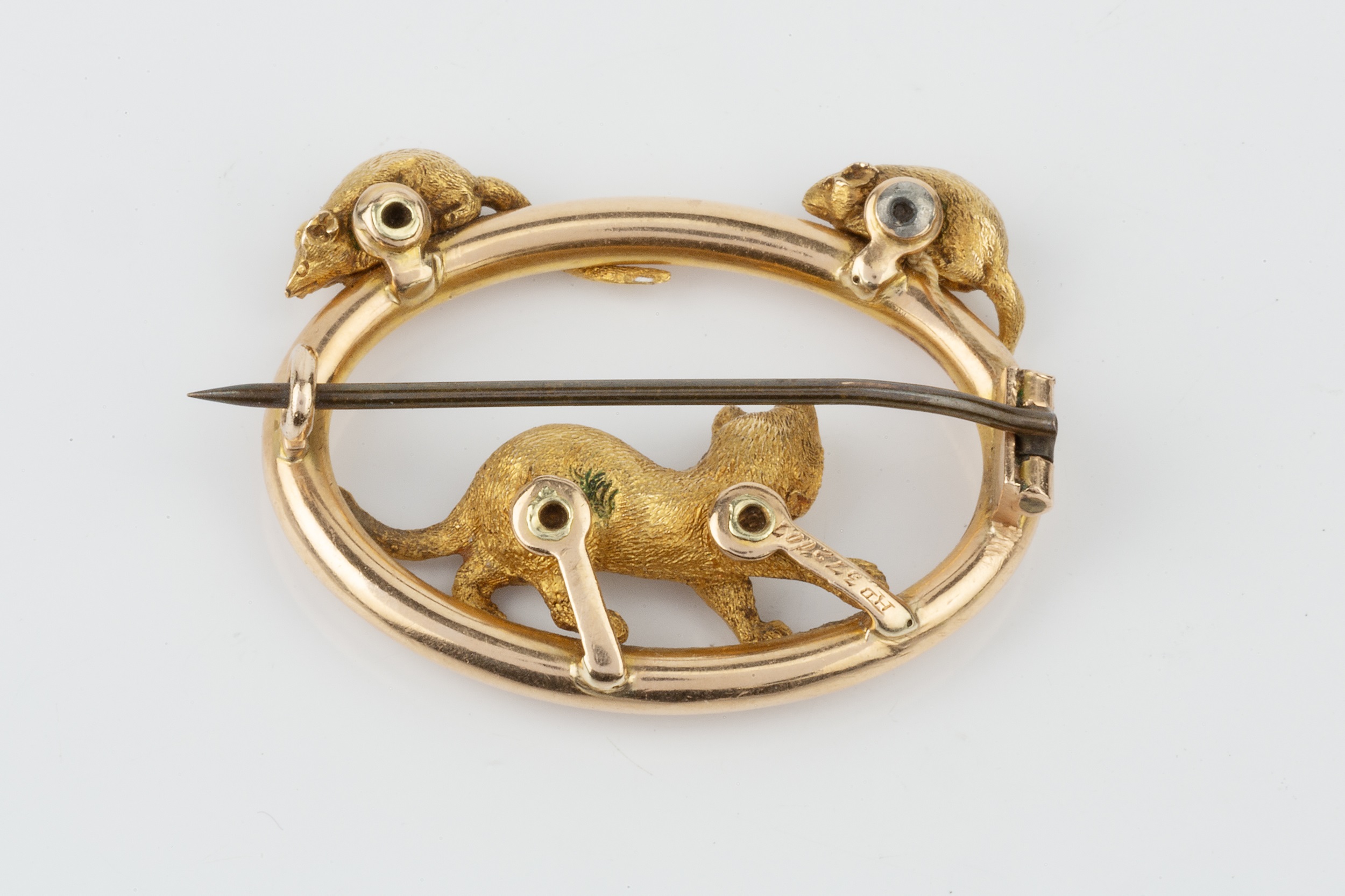 A yellow precious metal 'cat and mouse' brooch, of open oval design with crouching cat within, and - Image 2 of 2