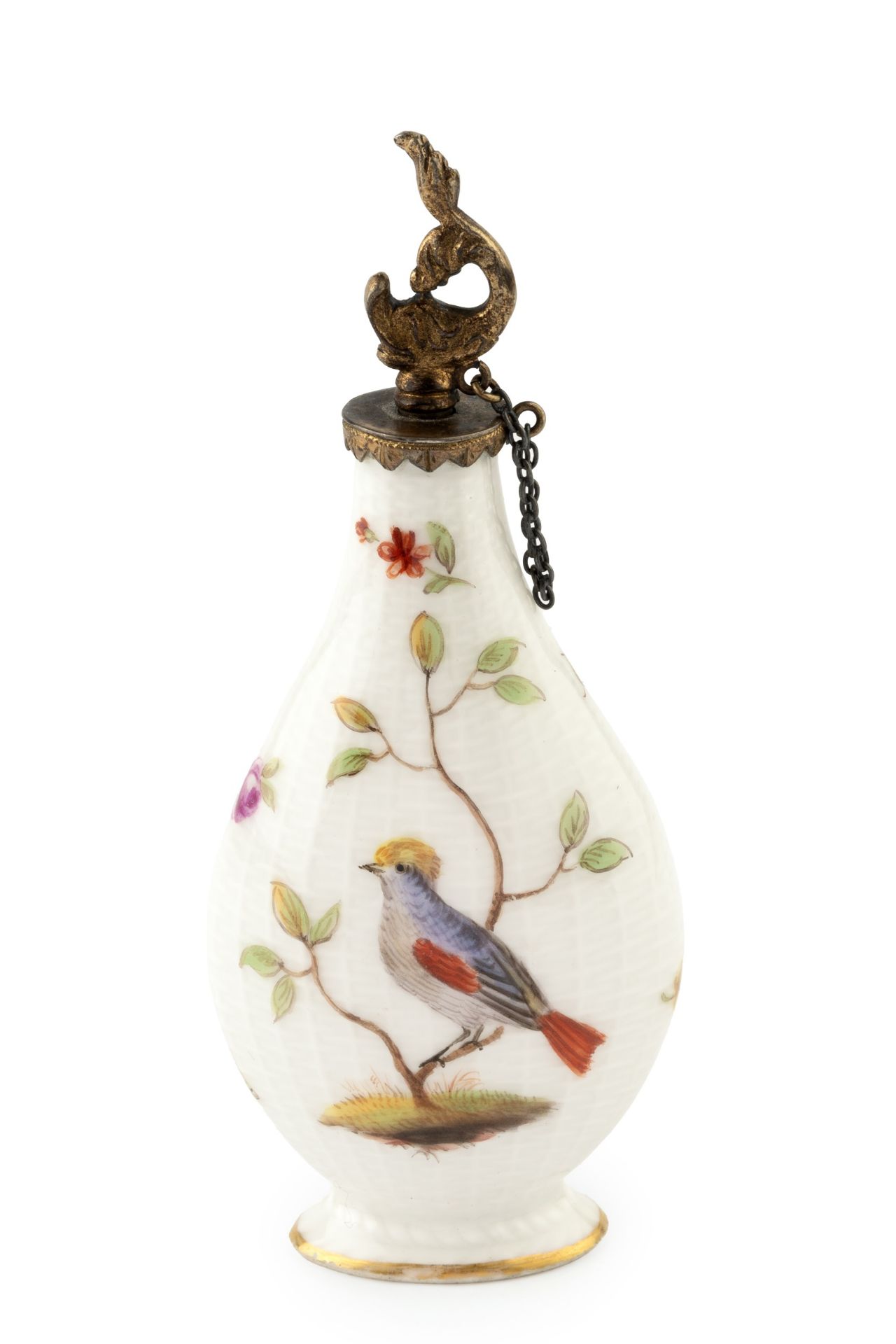 A Continental porcelain scent bottle, of oval baluster form, painted to both sides with an exotic