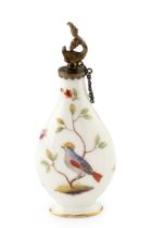 A Continental porcelain scent bottle, of oval baluster form, painted to both sides with an exotic