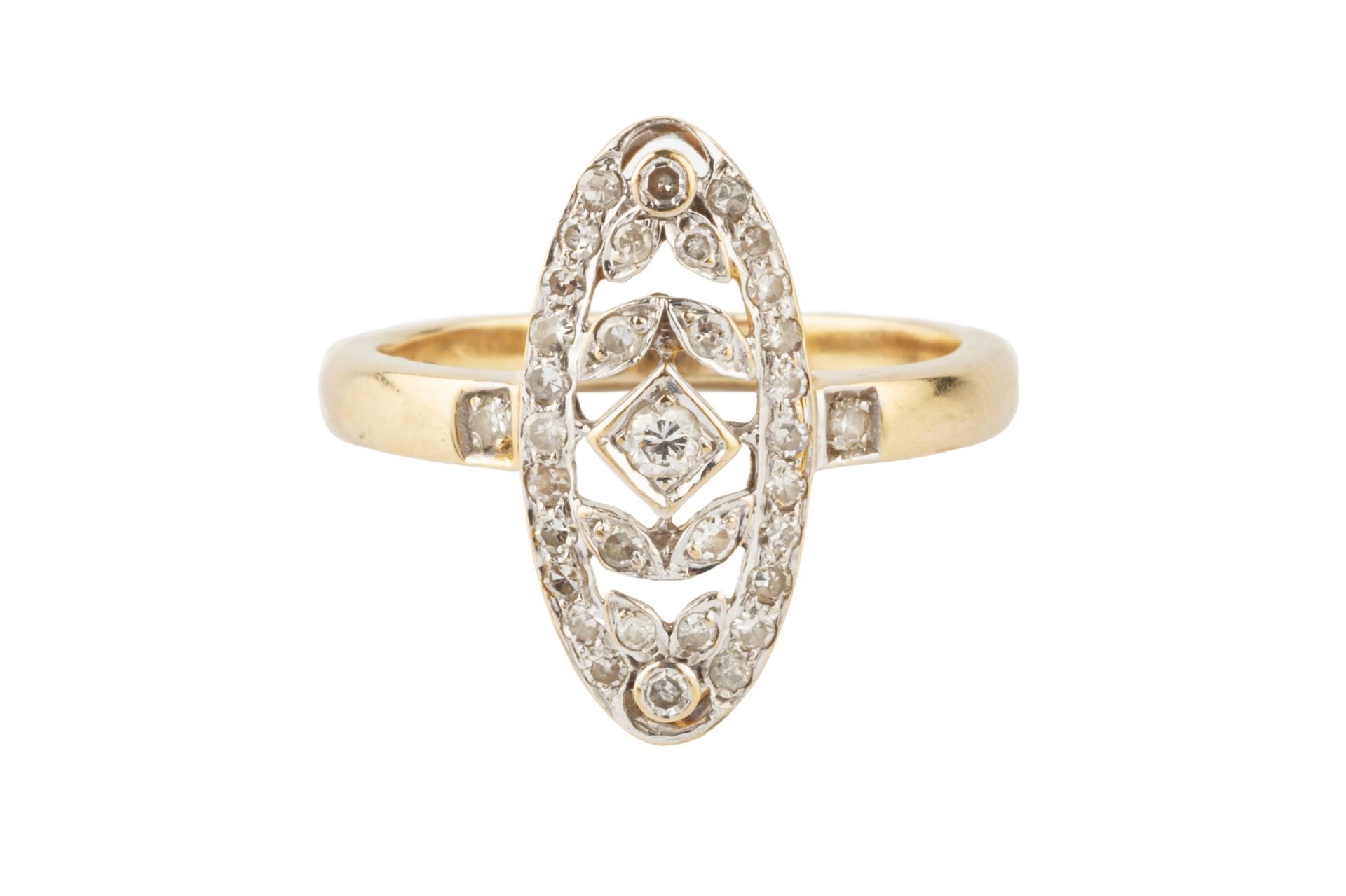 A diamond panel ring, of elongated oval shaped openwork design, centred with a brilliant cut stone