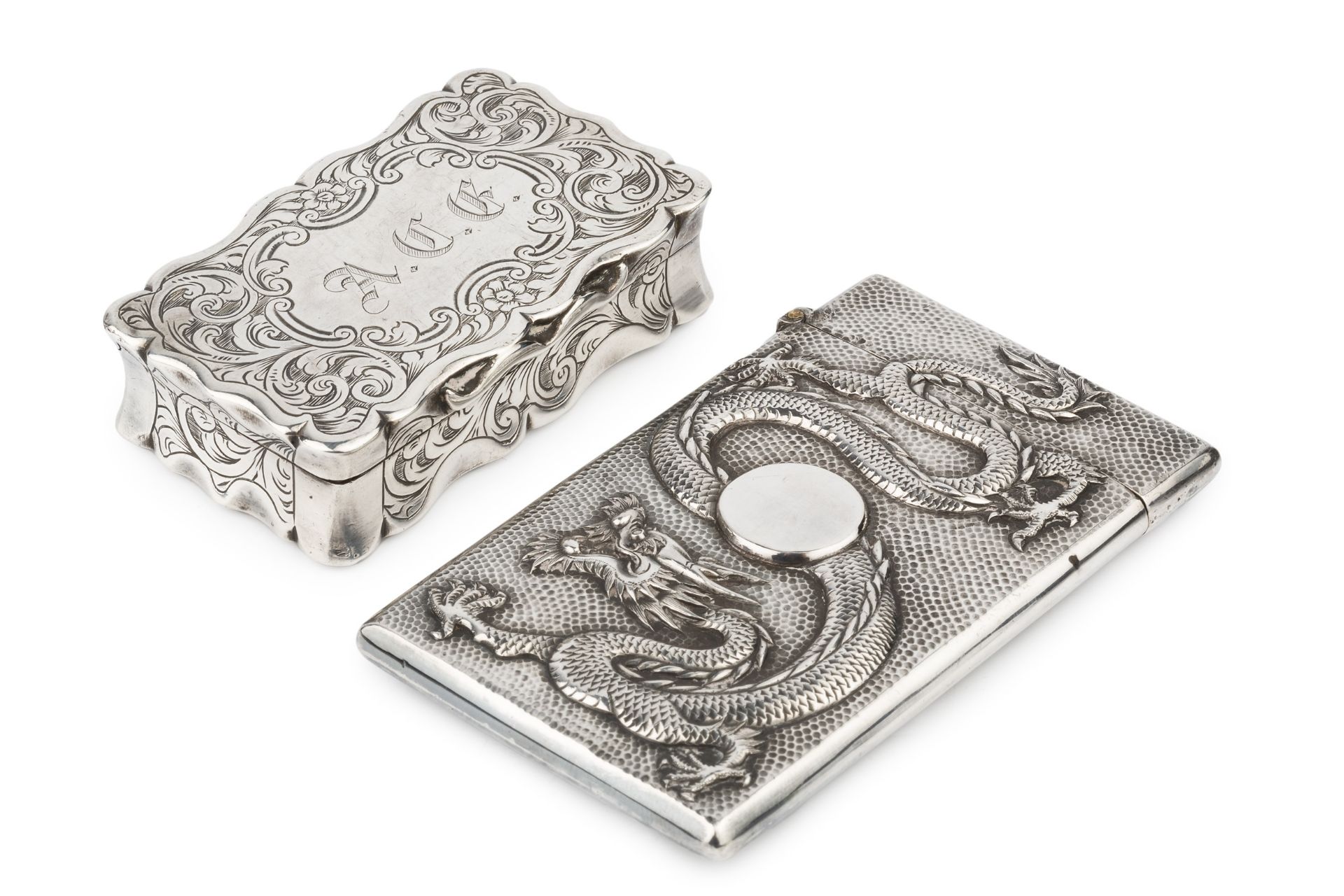 A late 19th/early 20th century Chinese export silver card case, by Wang Hing, the textured ground
