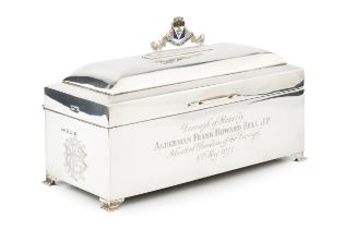 A George VI silver freedom casket, of rectangular form, with domed hinged top having enamel inset