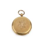 A Continental 18k gold hunter pocket watch, the engine turned front engraved with a cherub,