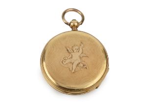 A Continental 18k gold hunter pocket watch, the engine turned front engraved with a cherub,