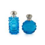A 19th century French blue glass scent bottle, of moon flask form, having bands of hobnail and slice