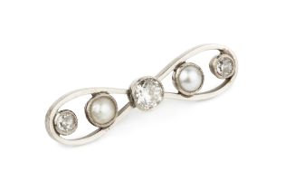 A diamond and half pearl bow brooch, centred with an old brilliant-cut diamond in millegrain