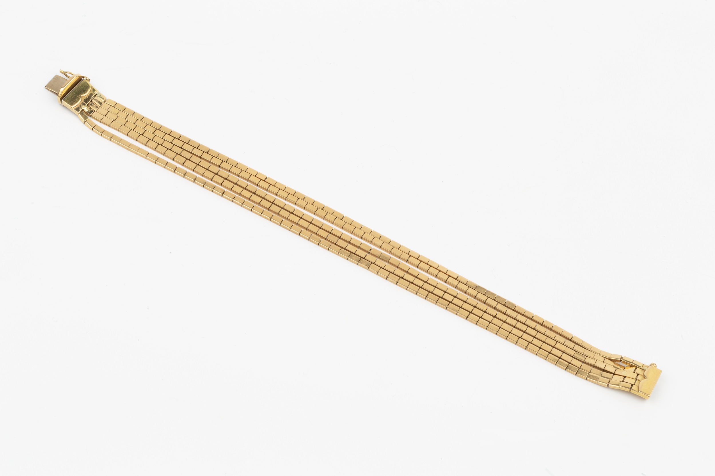 An 18ct gold five strand bracelet, composed of flexible flattened rectangular links, the clasp - Image 3 of 3