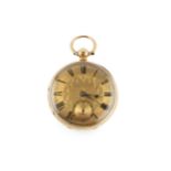 A Victorian 18ct gold open face pocket watch, the engine turned and engraved dial with subsidiary