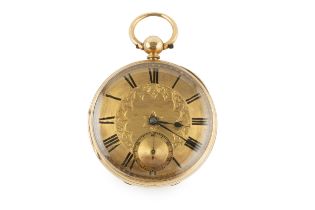 A Victorian 18ct gold open face pocket watch, the engine turned and engraved dial with subsidiary