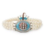A three strand cultured pearl bracelet with diamond and enamel clasp, the detachable oval