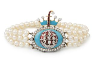 A three strand cultured pearl bracelet with diamond and enamel clasp, the detachable oval