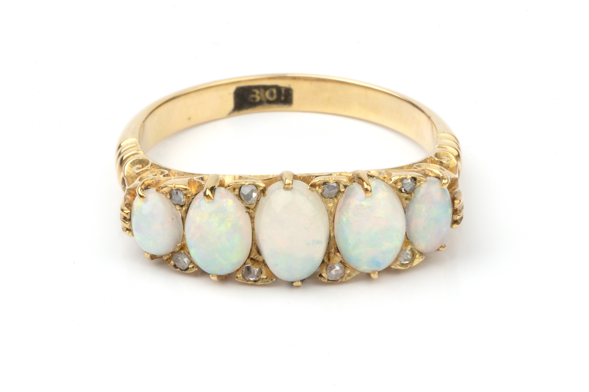 An opal and diamond five stone ring, the graduated cabochon opals with four pairs of rose cut - Image 2 of 4