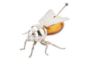 A silver plated novelty honey pot, in the form of a bee, with amber tinted glass thorax, by Mappin &