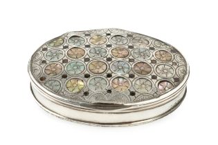 A Georgian silver and tortoiseshell oval snuff box, the hinged cover inset with repeated circles