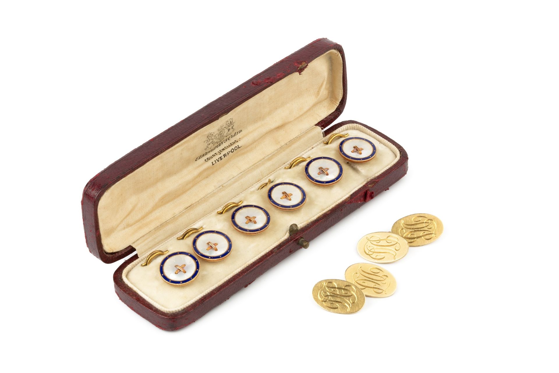 A pair of 18ct gold oval cufflinks, engraved with monograms, London 1929, and a set of six mother