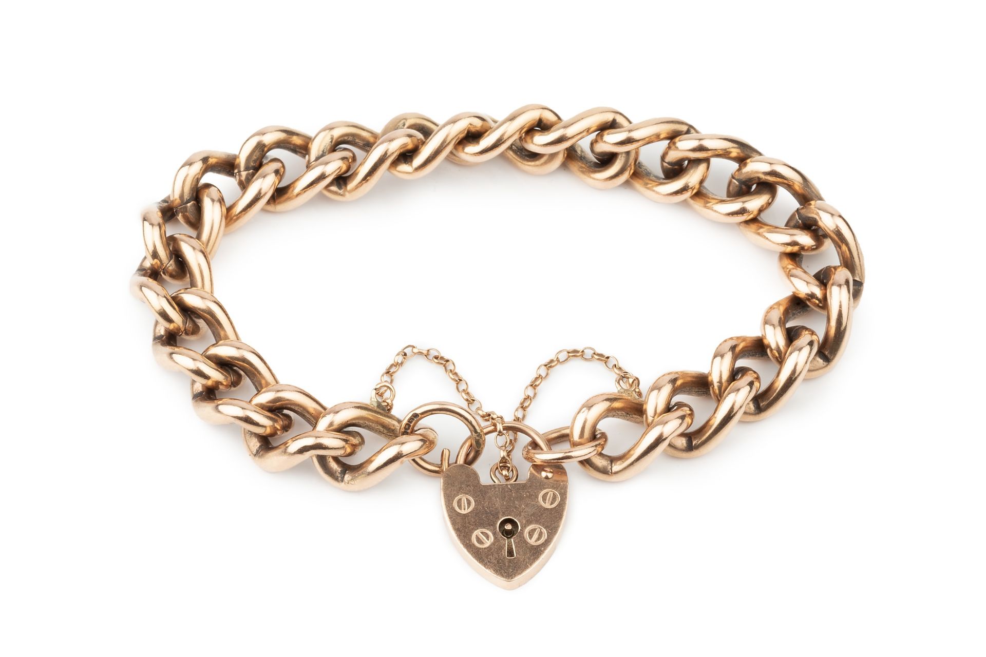 A 9ct gold curb link bracelet, with padlock clasp and safety chain, 18.5cm long approx 56.7g