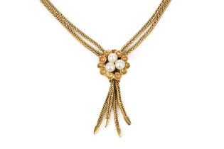 A 9ct gold twin strand necklace, of herringbone link design clasped by a circular foliate knot set
