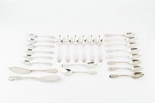 A set of six early Victorian silver fiddle and shell pattern teaspoons, by John Walton, Newcastle