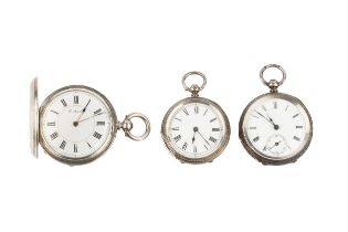 A silver hunter pocket watch, with engine turned decoration to both sides, the gilt heightened white