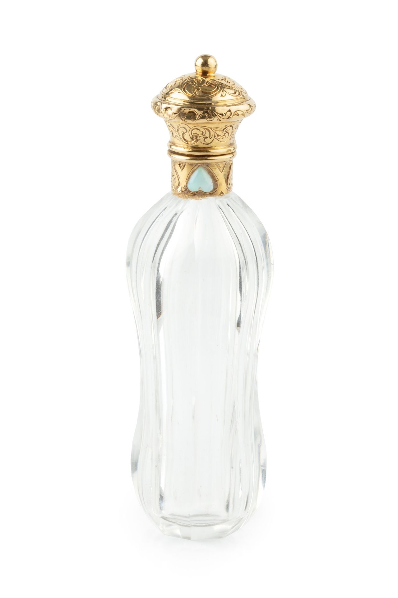 A 19th century French gold mounted glass scent bottle, of waisted and faceted form, the hinged cover