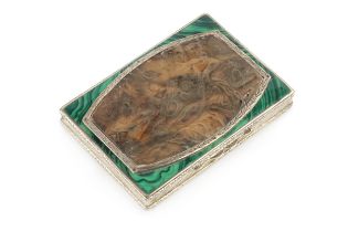 A Continental silver, tortoiseshell and malachite mounted box, of rectangular form, the hinged cover