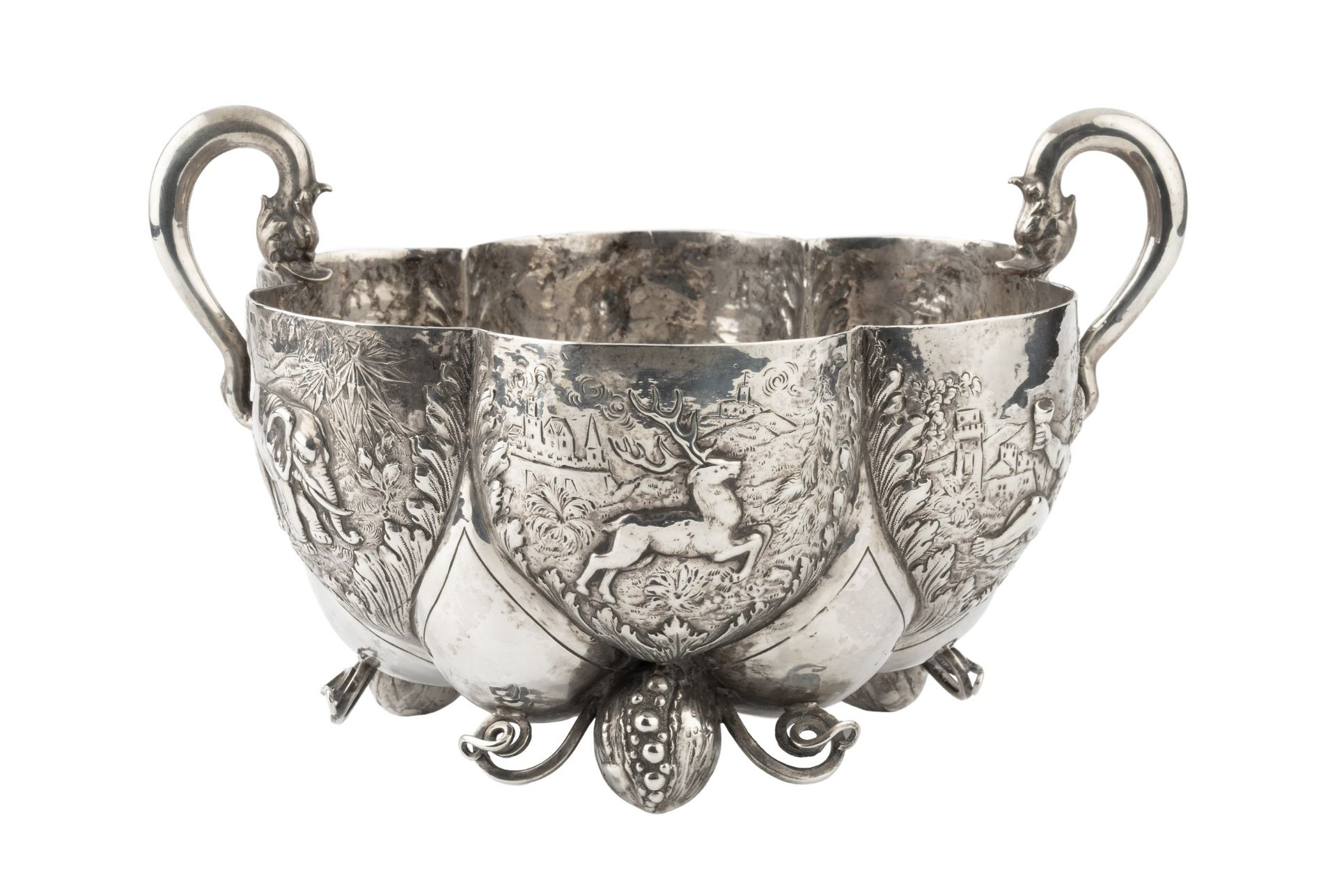 A late 19th/early 20th century Hanau silver lobed bowl, each lobe embossed and engraved with