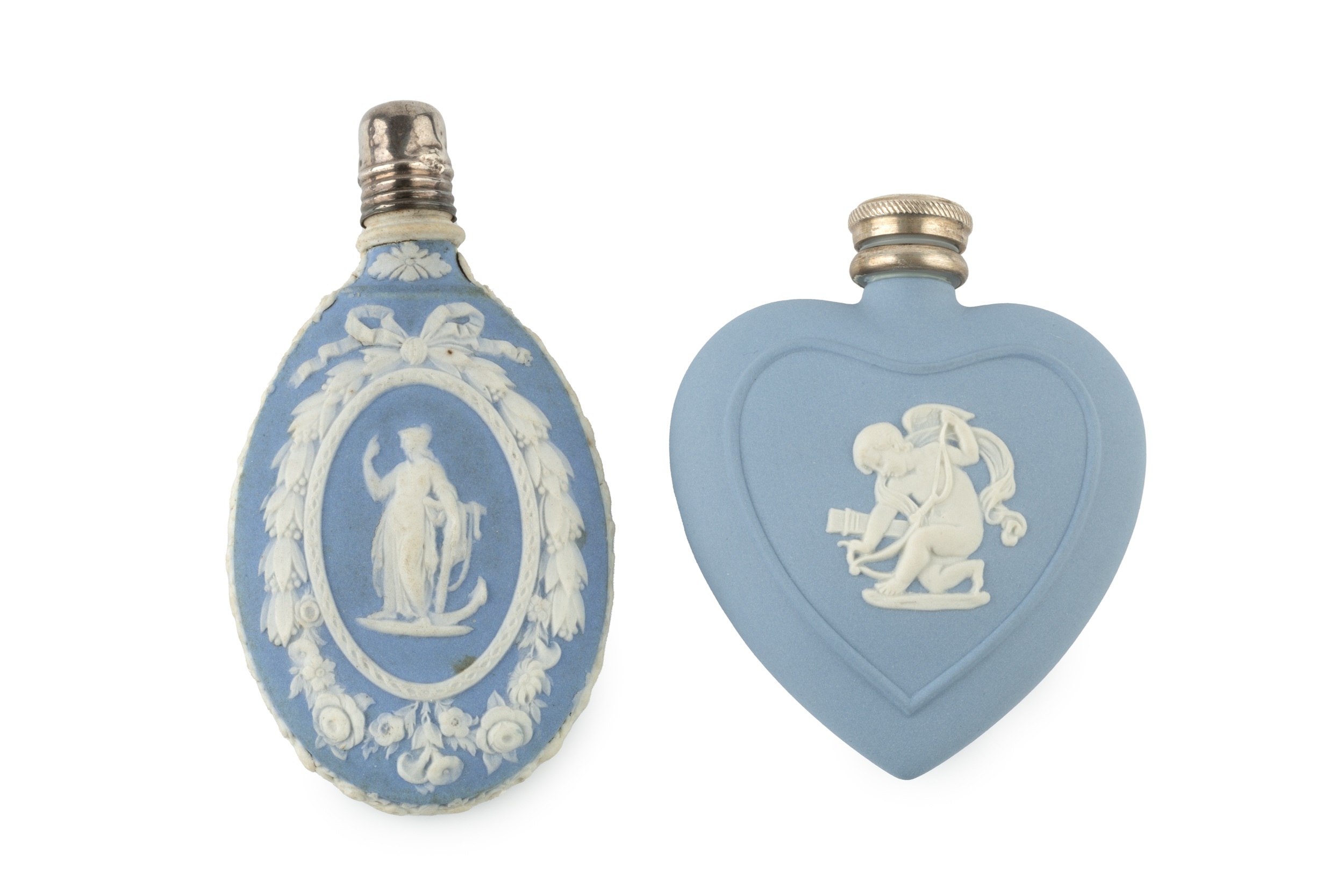A late 19th century blue jasperware scent bottle, of oval form, relief decorated with classical