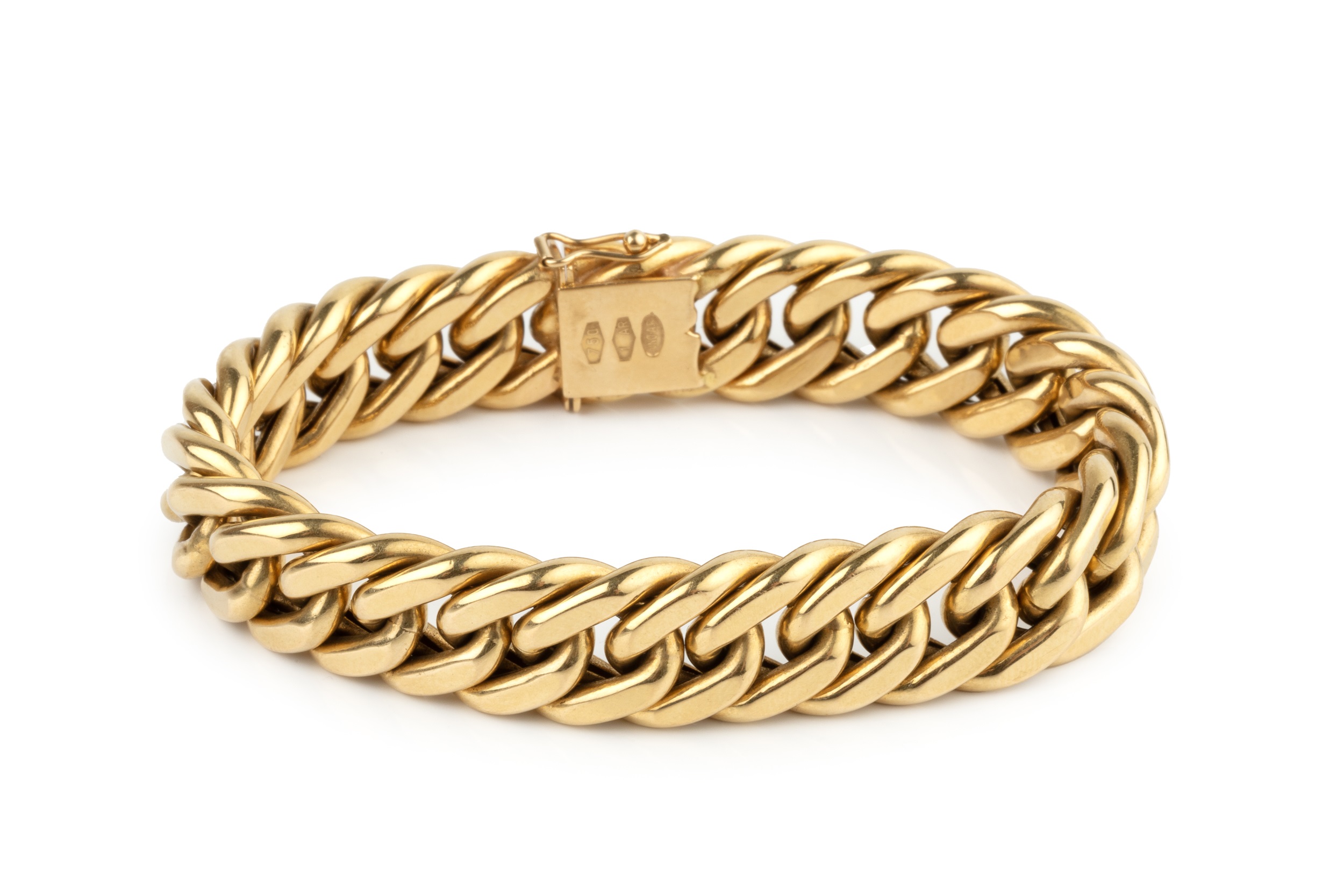 An 18ct gold hollow curb link bracelet, the clasp stamped 750, 18.5cm long Approx weight 30.1g