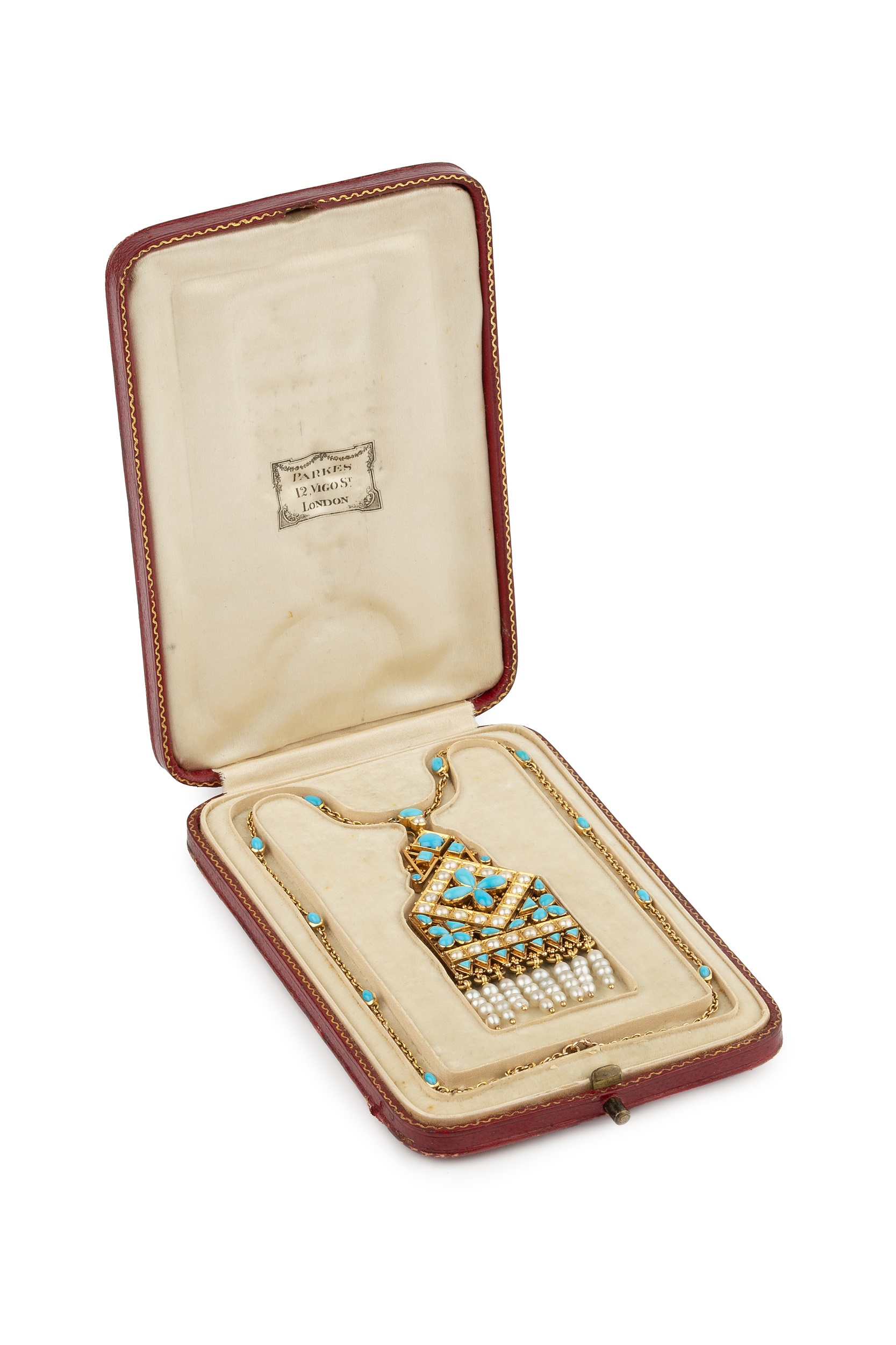 A late Victorian turquoise and seed pearl necklace by Carlo Giuliano, of geometric openwork - Image 2 of 7
