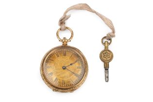 A Continental fob watch, the textured gilt dial with roman numerals, the case engraved with stylised
