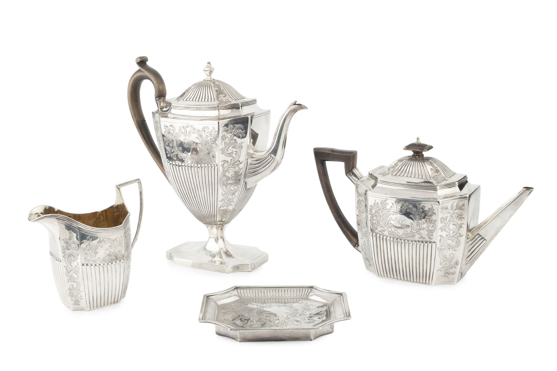 A George III silver four piece tea and coffee service, comprising urn shaped pedestal coffee pot,