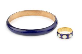 A mid Victorian gold, opal and enamel memorial ring, the plain band with rectangular blue enamel