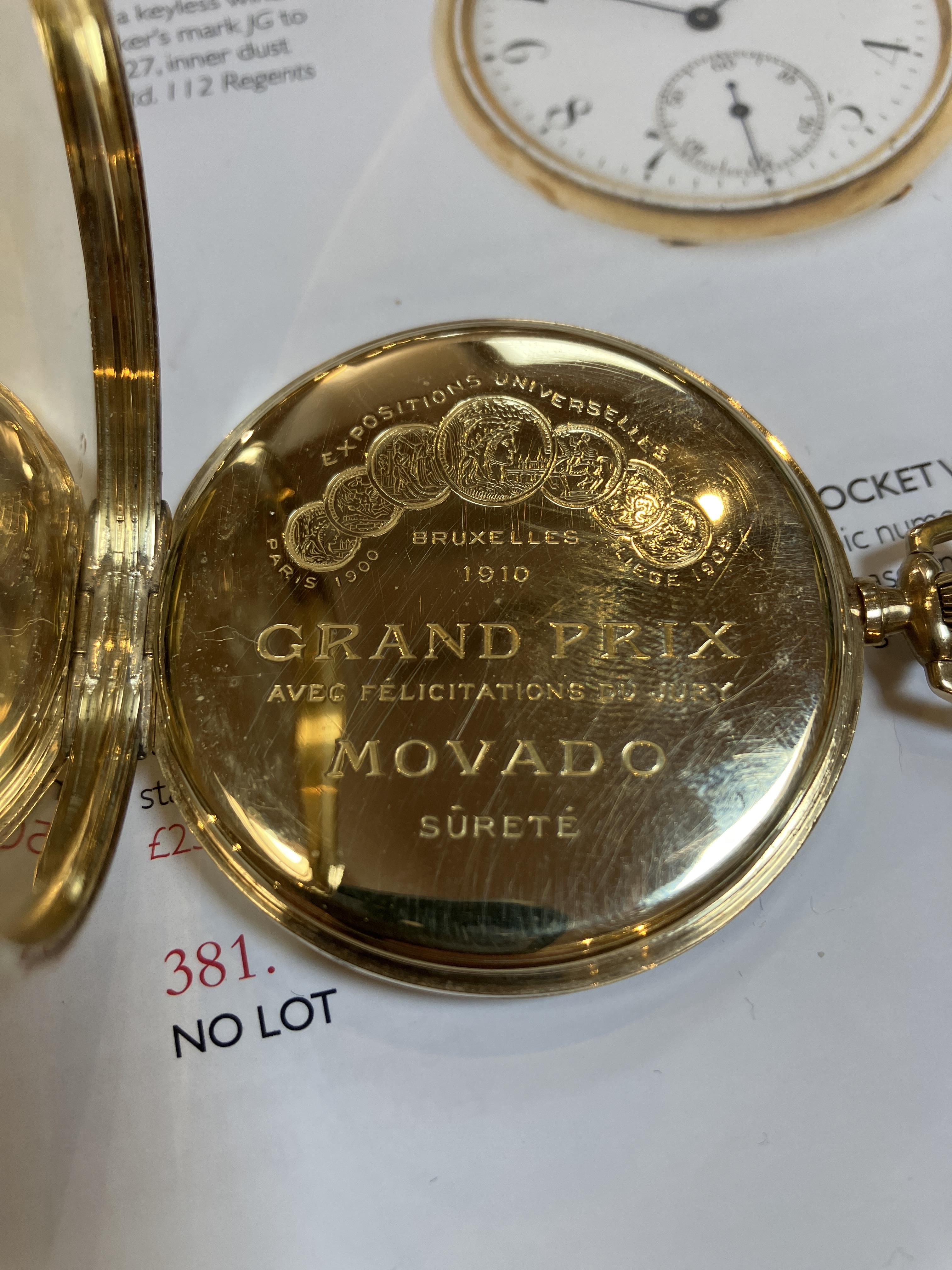 An early 20th century open face pocket watch by Movado, the matt yellow metal dial with Arabic - Image 4 of 4