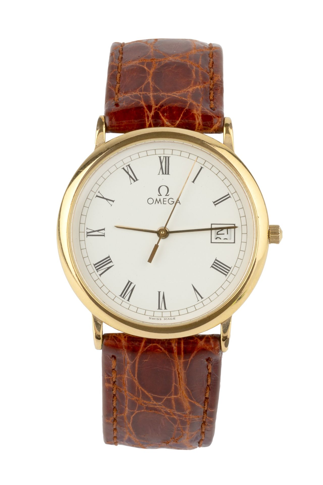 A gold plated Omega deVille gentleman's wristwatch, the circular white dial with roman numerals