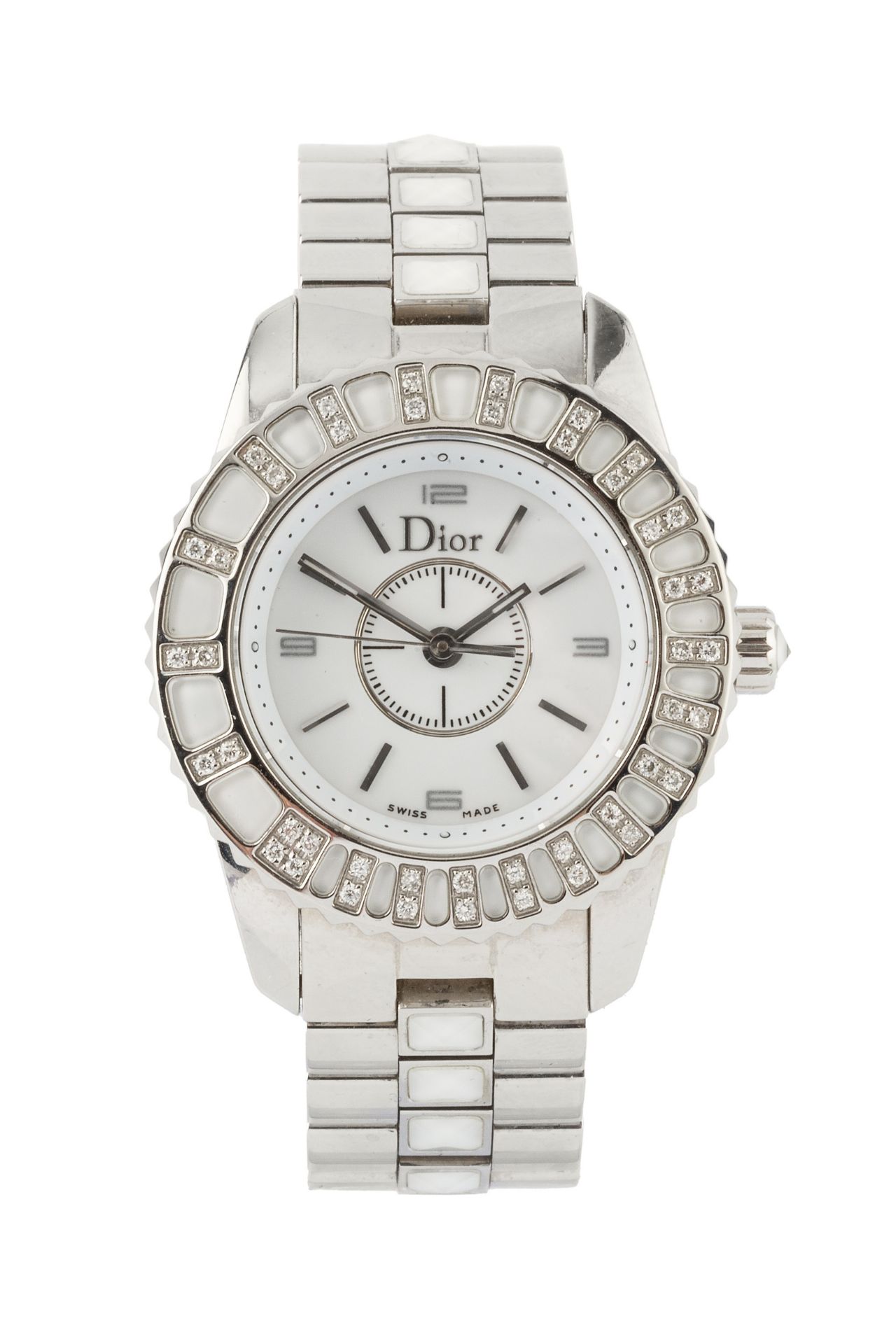A lady's steel and diamond 'Christal' wristwatch by Christian Dior, with white circular dial, the