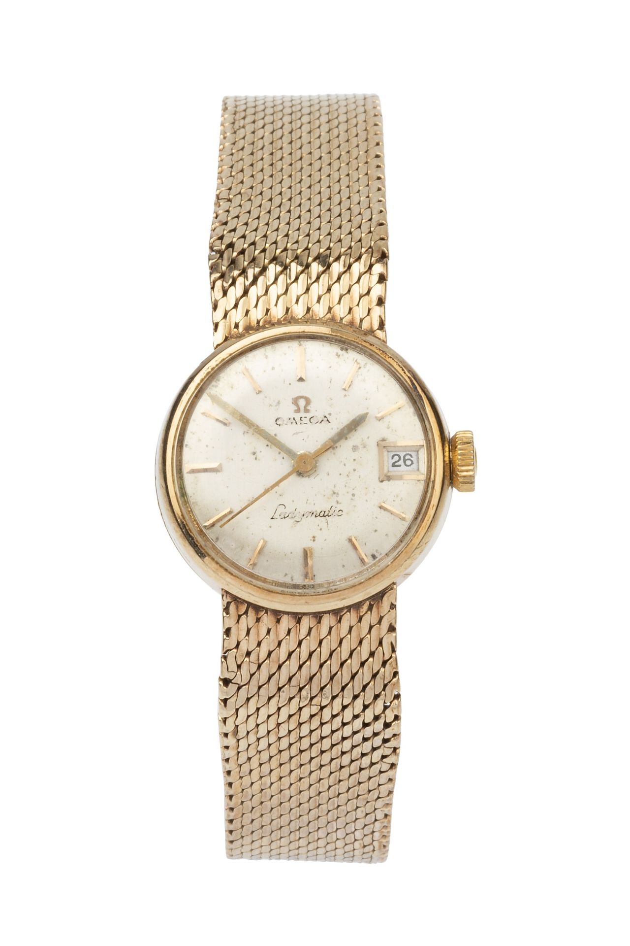 A 9ct gold Omega 'Ladymatic' automatic wristwatch, the silvered dial with calendar aperture,