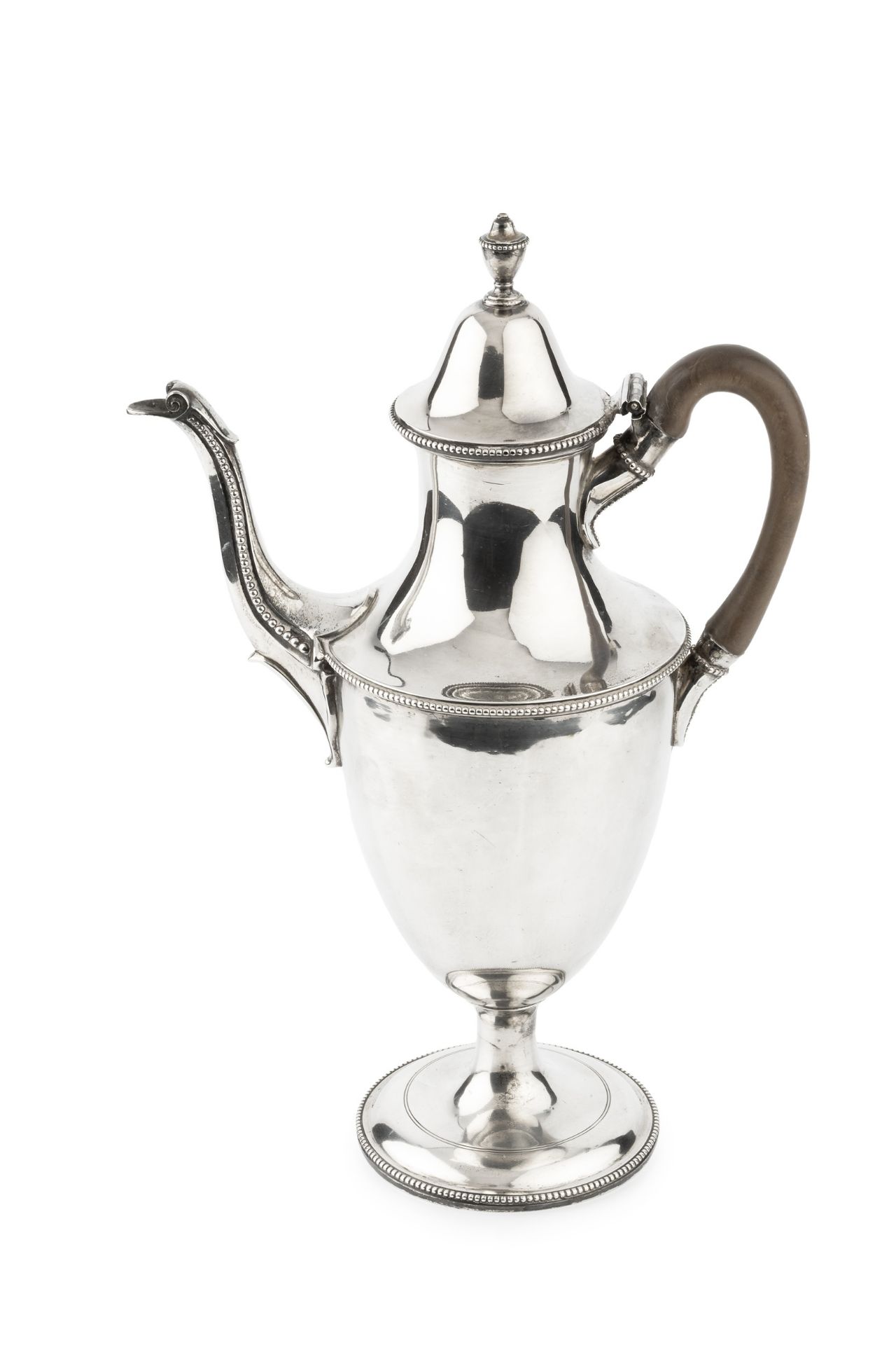 A George III silver coffee pot, of classical urn form, with beaded borders, hinged cover and