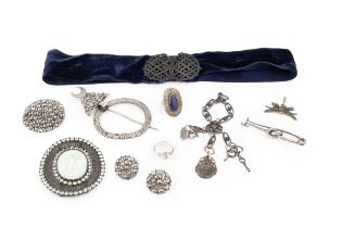 A collection of assorted costume jewellery, to include a late Victorian silver two piece buckle, a